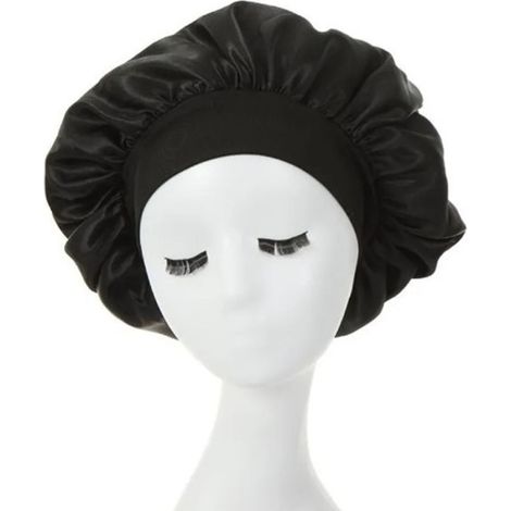 Bonnet de Nuit Noir à Bord Large, Bandeau Élastique Haute Tension, Coiffe de Sommeil pour Femme, Tissu Doux, Taille Unique (1/5)