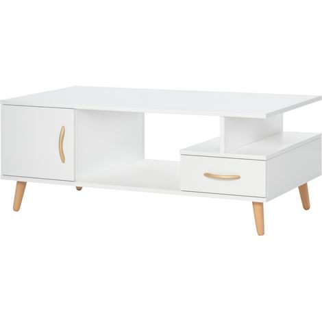 Table Basse rectangulaire Design scandinave 100L x 50l x 40H cm Niche + tiroir & Placard Bois Massif pin Panneaux Particules Blanc (1/5)