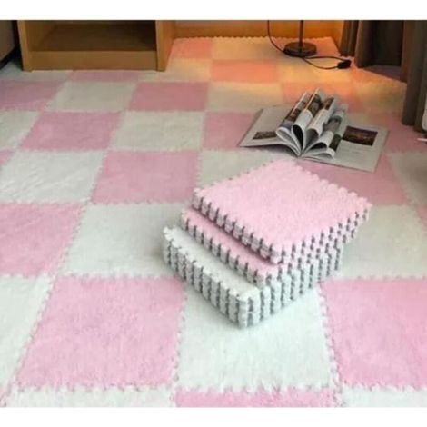 SURENHAP Tapis de sol emboîtable en mousse pelucheuse Tapis de sol en mousse en peluche, 10 puericulture d'eveil Rose Blanc (1/2)