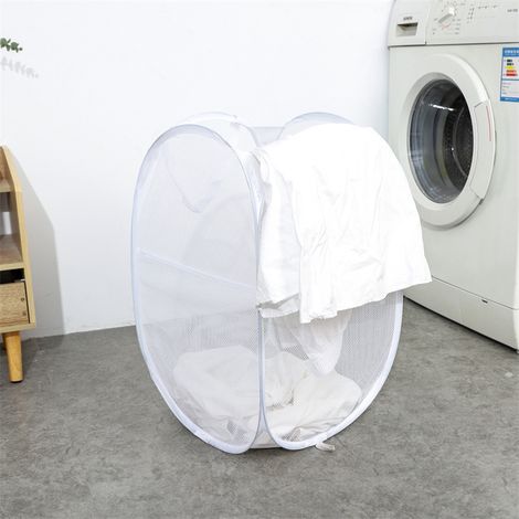 Panier à linge carré pliable avec côtés en filet blanc, grande taille, panier à linge portable pour la maison. (1/4)