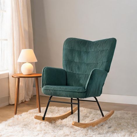 Fauteuil à bascule en velours côtelé vert sapin avec accoudoirs (1/5)