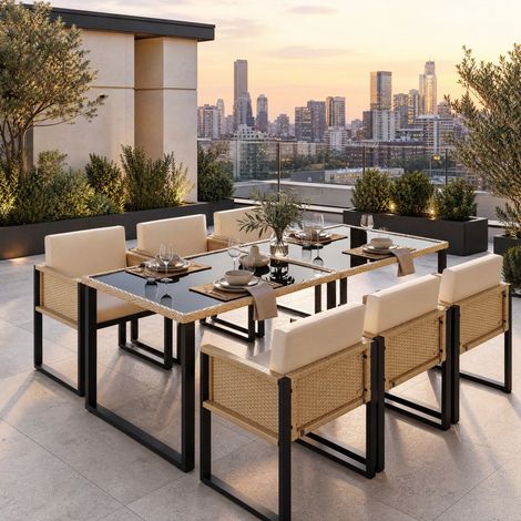 Salon de jardin repas 6 places en polyrattan avec table 170 x 80 cm, coussins lavables, brun noir (1/5)