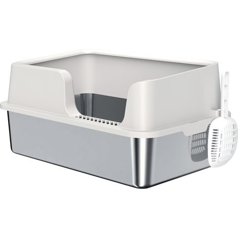 Lettiera per gatti 60 x 40 x 28 cm bordi anti-fuoriuscita 13 cm paletta moderna ed essenziale in acciaio inossidabile grigio chiaro 210007800