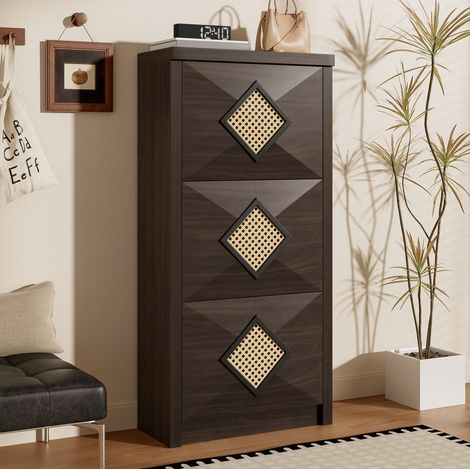 Scarpiera in truciolare effetto legno marrone scuro con decoro rattan, 3 ante a ribalta, 54 x 25 x 115 cm (1/5)