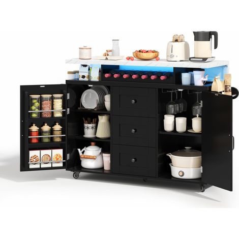 Kücheninsel mit klappbarer Arbeitsplatte 138x60x93 cm, mobiler Küchenwagen mit 5 Rädern, Türregal, Weingestell und Glashalter, MDF