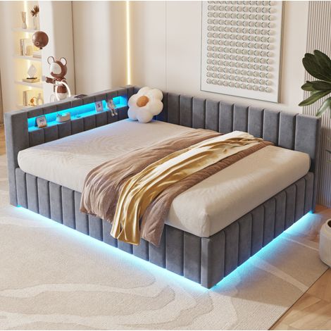 lit adulte double rangement LED velours 140x200 gris OKMYHOME (1/5)