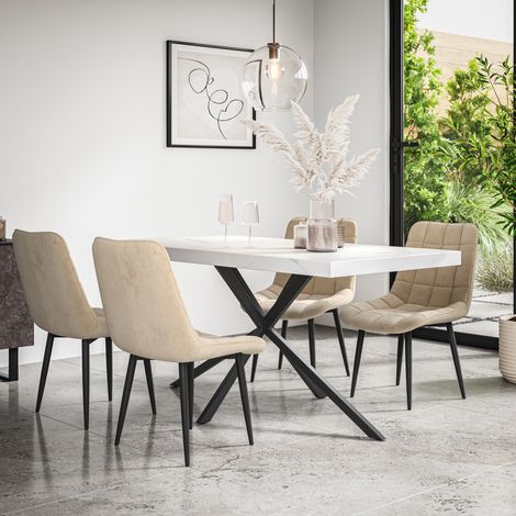 Donni Dining Table And Chairs - White Marble Effect Table Top w Black Legs + Nova Velvet Dining Chair Set Of 6 (Beige) (1/5)