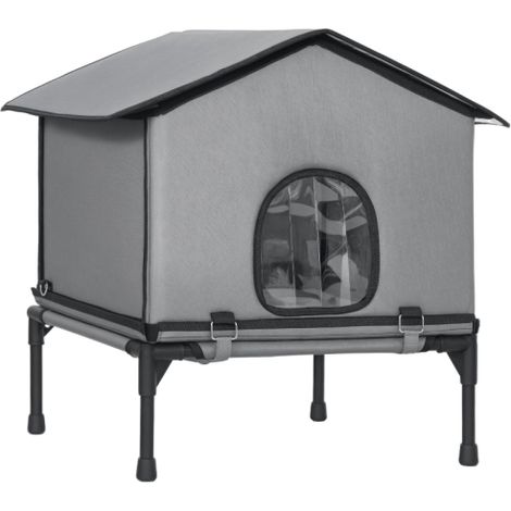 Waterproof Insulated Outdoor Cat House with Elevated Base, Foldable Shelter for Kittens, Grey Feral Cat Kennel (1/5)
