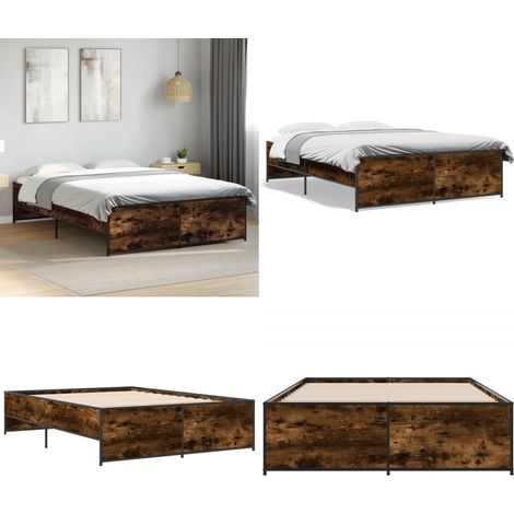 Estructura cama madera ingeniería metal roble ahumado 120x200cm - Estructura de cama - Cama de ingeniería