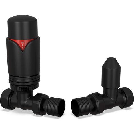 Derry Bold - Black Thermostatic Radiator Valve & Lockshield Straight 15mm