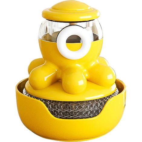 Distributeur de savon brosse à main en plastique forme pieuvre mignonne, brosse de nettoyage à pousser pour remplissage liquide vaisselle casserole évier jaune (1/5)