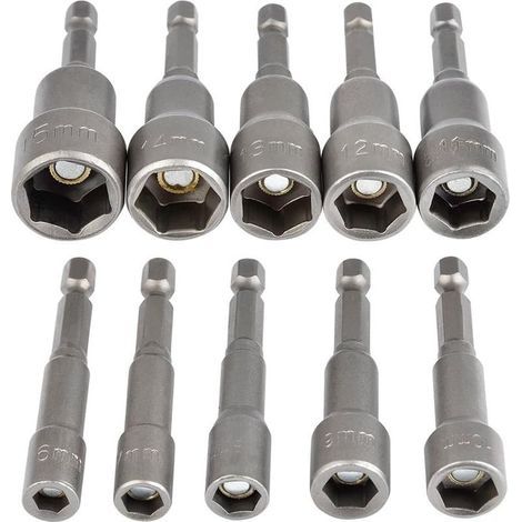 Douille Hexagonale Magnétique 10Pcs Douille Visseuse à Choc 6-15mm, Clés à Douille Magnétique Hexagonale Douille Set Magnétique 1/4 Hexagonale Douille Prise Adaptateur Outil (1/5)
