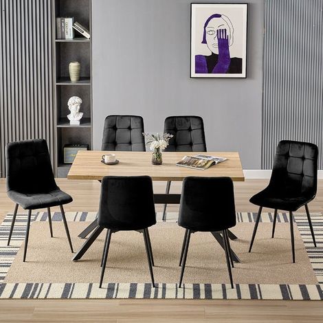 Ensemble de salle à manger - WAFTING - MDF - 140x80x73 cm - 6 chaises velours noir - table bois clair (1/5)