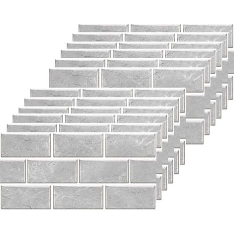 Lot de 12 feuilles de stickers muraux autocollants PVC imperméable pour salle de bain, cuisine, dosseret Gris brique,30 x 15 cm