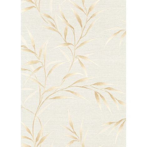 Carta da parati vinilica beige su tessuto non tessuto con foglie dorate, 10 m (1/4)