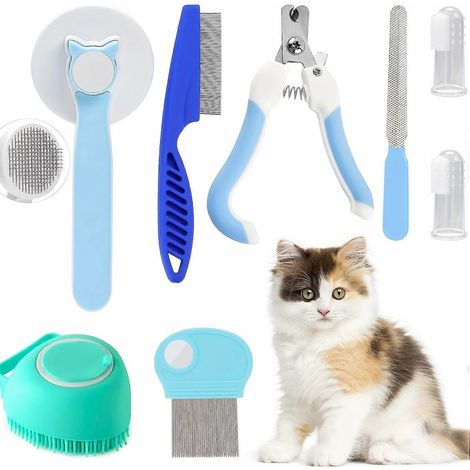 Kit de toilettage pour animaux de compagnie 8 pièces - Comprend un coupe-ongles, une lime à ongles, un peigne anti-puces, une brosse pour la mue et une brosse à dents en silicone - Kit de soins comple (1/4)