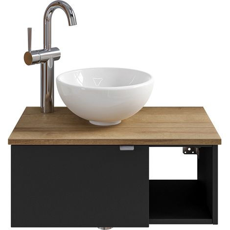 Waschbeckenunterschrank 60 cm inkl. Waschbecken in schwarz matt mit Eiche AMADORA-66, Türanschlag links (1/5)