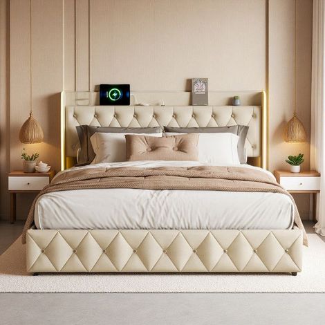 Doppelbett 140x200cm - Beige Veloursstoff - LED RGB - Kabelloses Laden - Modernes Design
