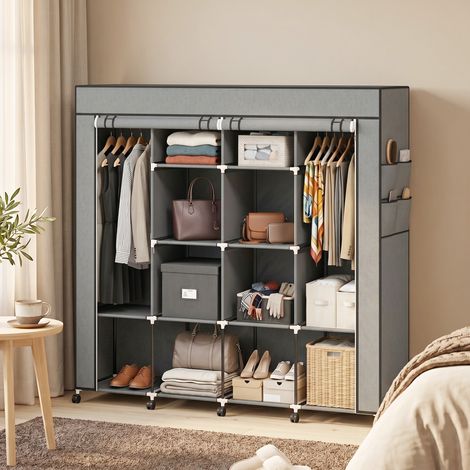 Armoire penderie en tissu, meuble de rangement mobile 10 roulettes avec 10 compartiments, barres de suspension, gris (1/5)