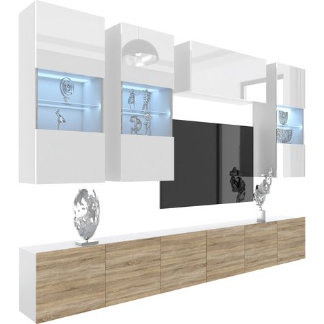 BELINI Meuble TV Mural Milano 5 300 cm - Suspendu avec Systeme Verin a Gaz - Blanc/Chêne Sonoma (1/4)