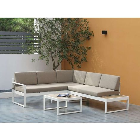 Set Salotto da Giardino in Alluminio Bianco Effetto Rovere Divano e Tavolino con Cuscini - Silvia Domo Mea