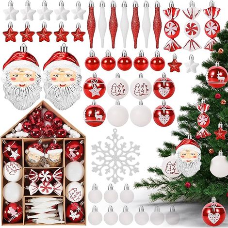 Boules de Noël Boule Sapin de Noel,Noel Decoration Sapin Boules avec Ornements Suspendus Incassables Boules de Noël Décorations de Sapin Intérieure et Extérieure- Deco Noel (Rouge et Blanc) (1/5)