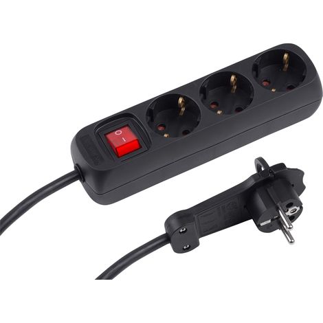 Multiprise 3 Prises – Prise Extra Plate – Câble de 2 m – Noir – IP20 intérieur – Interrupteur éclairé/multiprise avec fiche Plate (1/5)