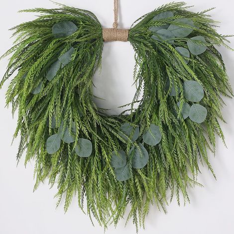 Grande couronne de 56 cm d'eucalyptus artificiel et de sciure de bois pour la porte d'entrée Conception Unique en forme de cœur, couronne suspendue d'eucalyptus artificiel, adaptée à la décoration ex (1/5)