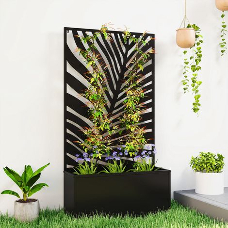 Jardinière avec treillis. bac à fleurs avec brise-vue en métal. pour cour. jardin. balcon. 61 x 23 x 113 cm. noir