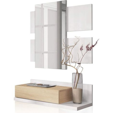 Recibidor con Espejo Tekkan Blanco Mate y Roble Canadian 75x20x29 cm