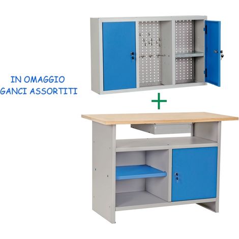 Banco da lavoro con piano in legno più armadio pensile portautensili più omaggio (1/2)