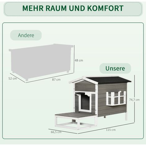 Niche extérieure pour chat en bois traité, imperméable et isolée contre l'hiver, toiture en asphalte, adaptée aux terrasses, jardins, balcons, abri de jardin pour félin, 115 x 66,5 x 74,7 cm, gris et