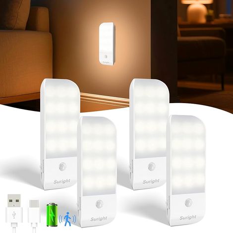 Veilleuse avec Détecteur de Mouvement, Lot de 4 Veilleuse LED Rechargeable Type-C avec 3 Modes d'éclairage, Lampe de Placard avec Bande Magnétique pour Armoire, Couloir, Escalier, Cuisine, Blanc Chaud (1/5)