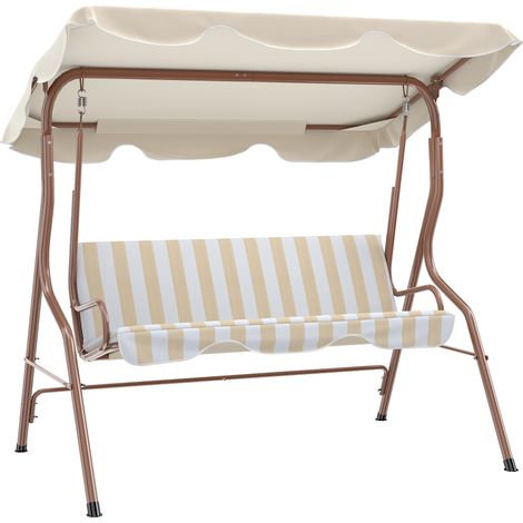 Balancelle de Jardin - Outsunny - 3 Places - Toit imperméabilisé Inclinaison réglable - Coussins Assise Dossier - marron crème rayé