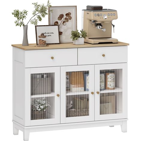 Credenza da soggiorno con 2 ante in vetro temperato, 2 cassetti e ripiani regolabili, 100 x 35 x 80,3 cm, bianca.