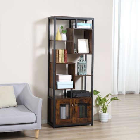 Bibliothèque style industriel 2 portes 8 étagères meuble rangement compact maison bureau - Dimensions: 70x30x180 cm - Couleur: Marron