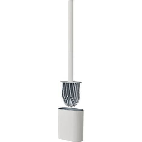 White Silicone Flat Toilet Brush - Toilet Brush and Holder, Drip-Free, Antibacterial, Quick Drying and Odorless, Wall/Floor Mounted Toilet Brush (1/5)