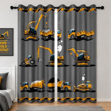 Blackout Curtains Trucks Children's Room Boys Yellow Construction Vehicles Car Tractor Truck Bulldozer Thermal Curtains for Teenagers Bedroom with Eyelets 2 Panels 107 x 63 mm (1/5)