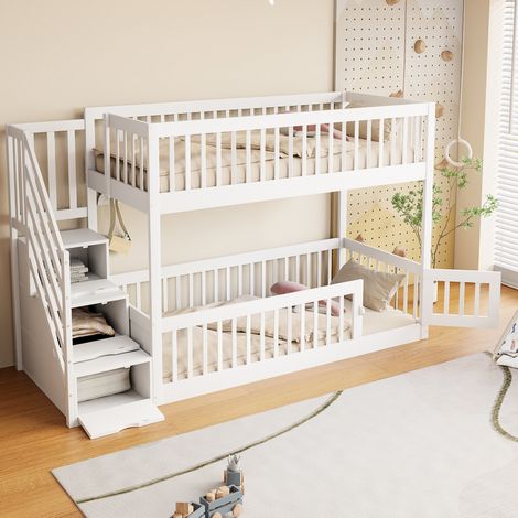 DESVIAE Lit superposé enfant 90 x 200 cm avec escalier de rangement et tiroirs lit cabane avec barrières de sécurité bois massif blanc (1/5)