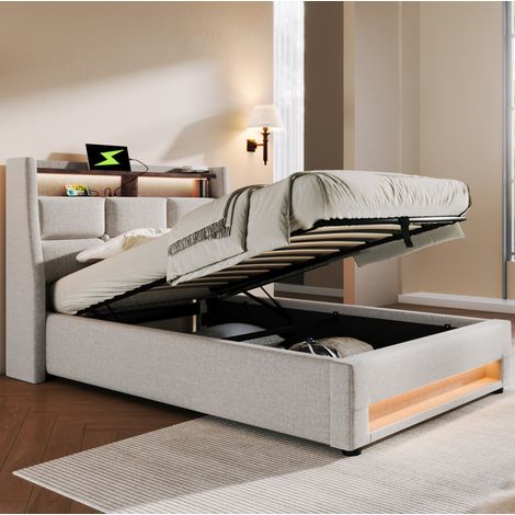 lit adulte couchage coffre LED USB 90x200 lin beige OKMYHOME (1/5)