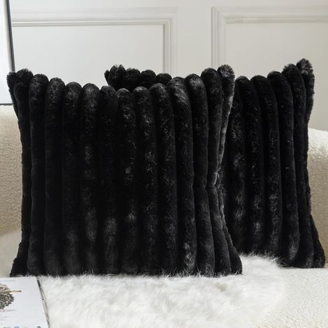 Lot de 2 Housse de coussin,Fausse fourrure,Rayures,40x40 cm,Noir,Salon,Chambre (1/5)