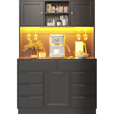 ELVMI Colonna da Cucina con 8 Cassetti e Ripiani Regolabili e LED USB per Cucina in MDF Nero 120×40×183.5 cm (1/5)