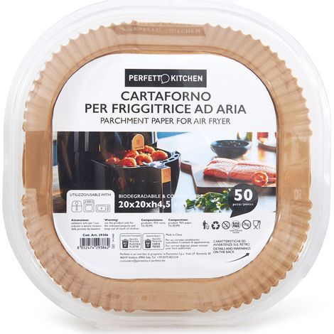 Perfetto Vaschette in Cartaforno per Friggitrice ad Aria 20x20x4,5 cm - Biodegradabili, Antiaderenti Senza PFAS e BPA - Confezione da 50 Pezzi