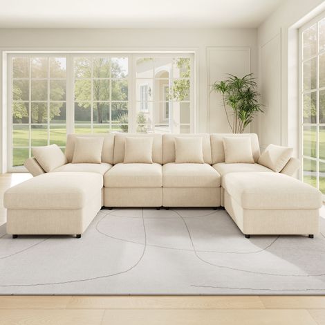 Divano modulare a U/L in ciniglia con 2 pouf, divano angolare trasformabile con braccioli regolabili, modello Cloud, completo di 4 cuscini decorativi e 2 poggiatesta, tessuto in ciniglia, beige