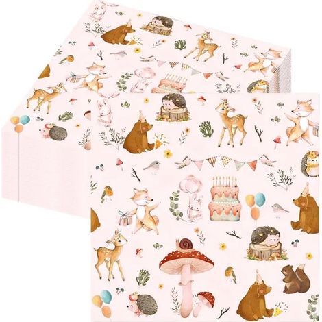 40 Pièces Serviettes Anniversaire Enfant, 33 x 33 cm Douces, Serviettes Animaux de la Forêt, Décoration Fête Thème Jungle (1/5)