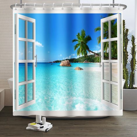 Rideau de Douche Plage d'été Rideau de Salle de Bain imperméable à l'océan hawaïen Vagues de la mer Tropicale Fenêtre en Bois Blanc Lavable Décoration de Salle de Bain 120x180cm (1/5)