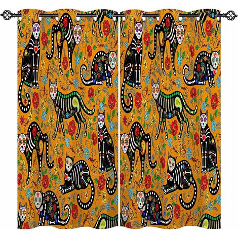 Rideau Occultant Coloré Squelette Chat Fleur Tenture Opaque à Oeillets Draperies Intérieurs Rideau Thermique Isolant pour Maison Chambre Salon Fenetre 2 Pièces L 107 x H 160 cm - 107L X 160H cm (2 Pan (1/5)