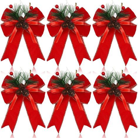 Christbaumschleifen - Weihnachtsschleifen - Schleifen aus rotem Samtband - Schleifen aus Tannenzapfenband - Christbaumkranzdekorationen (1/5)