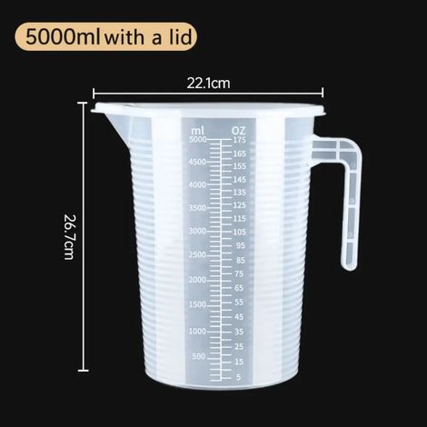 Gobelet doseur (5000 ml avec couvercle) en plastique transparent, bécher de laboratoire gradué, récipient de mesure pour la cuisine et la pâtisserie. (1/5)