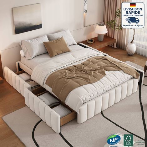 Lit adulte 140x200cm 4 tiroirs 140x200cm, velours, lit double, sommier à lattes, sans matelas, forme simple, beige (1/5)